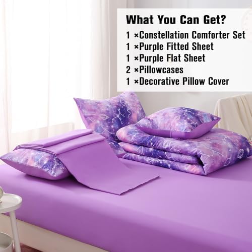 JQinHome Full Gradient Galaxy Comforter Set for Girls,6 Piece Bed in A Bag 3D Colorful Tie Dye Constellation Print Ombre Bedding Set with Pillowcase, Flat & Fitted Sheet,Cushion Cover(Purple)