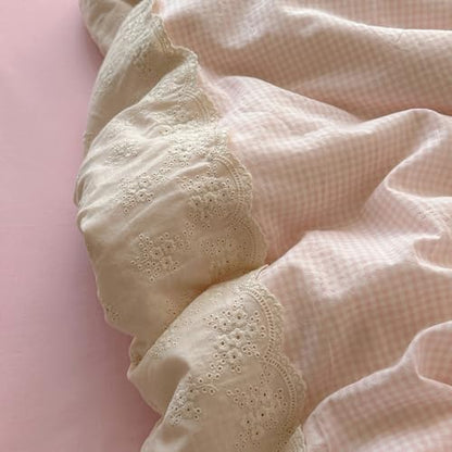 LifeTB Pink Gingham Comforter Set King Fluffy Soft Microfiber Pink Grid Bedding Comforter Romantic Lace Style Farmhouse Gingham Bedding Set Vintage Plaid Checkered Comforter Set for All Seasons