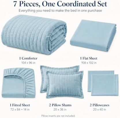 CozyLux California King Comforter Set, Light Blue Seersucker Bed in a Bag