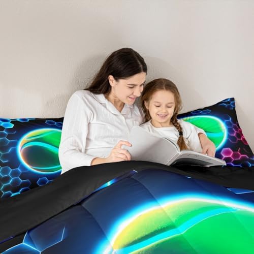 Erosebridal Tennis Kids Bedding | 3D Glitter Ball Pattern Full Comforter Sets,Colorful Neon Honeycomb Comforter Geometric Hexagon Duvet Insert with 2 Pillow Cases