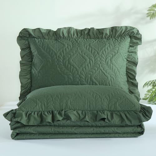 DJY Queen Quilt Set, 3 Pieces Ruffled Bedspreads Quilt, Olive Green