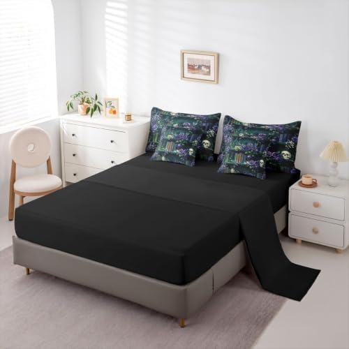 Erosebridal Mysterious Bookshelf 7 Piece Bedding Set Twin Purple Rose Comforter Set with Sheets Halloween Skull Flowers Bed in a Bag Retro Wizard Green Potion Bed Sets Comforter