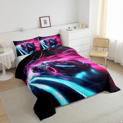 Kids Boys Sports Car Comforter Set King Size Red Blue Race Car Comforter for Kids Teens Room Decor Extreme Sports Theme Bedding Set Cool Speed Luxury Car Decor Quilt Set Soft for All Season