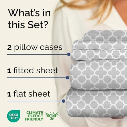 Queen 4 Piece Striped Sheet Set - Soft, Breathable & Cooling - Gray Clover