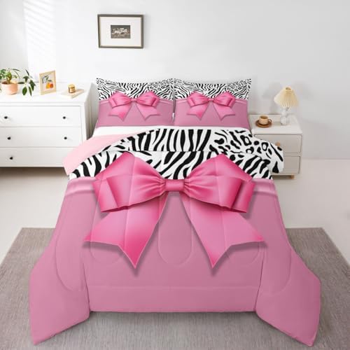 jejeloiu Pink Bow Comforter Set King Size Zebra Stripes Bedding Set for Kids Boys Girls Girls Bow Duvet Quilt Bedroom Decor Microfiber 3 Pcs with 2 Pillow Cases