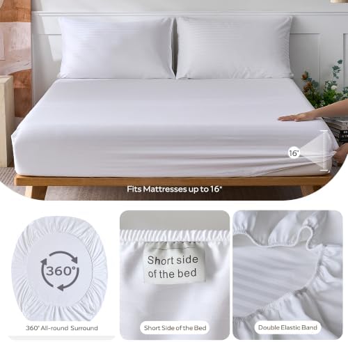 JELLYMONI 100% Cotton Sheet Set, White Sateen Striped, Queen