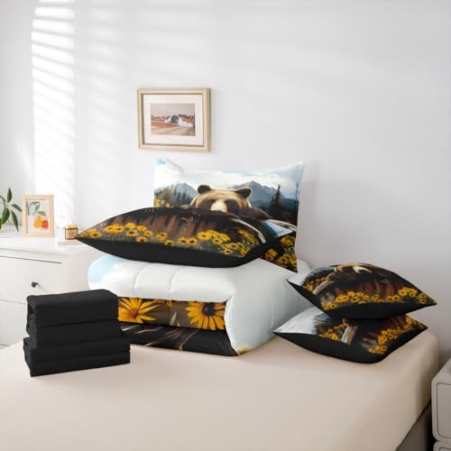 Erosebridal 7 Pcs Bear Comforter Set Woodland Rustic Cabin Bed in A Bag for Kids Nature Wild Animal Bedding Sets Queen Forest Hunting Country Sheet Set with Comforter Jungle Floral Mountain Decor