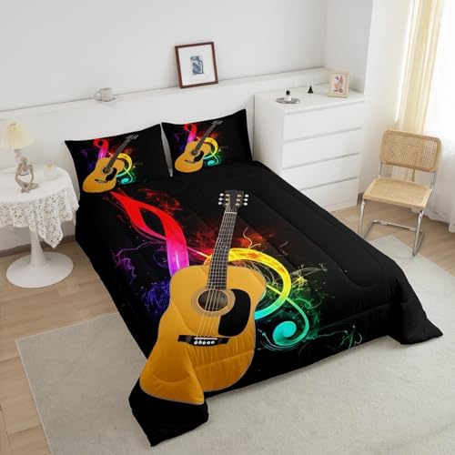 Erosebridal Guitar Bedding Set for Kids Boys Girls Teens Rainbow Musical Notes Comforter Set Full Size Rock Music Quilt Duvet Sets 3D Electric Guitar Down Comforter Bedroom Decor Black 3 Pcs