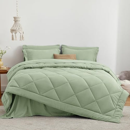 Love's cabin Oversized Queen Comforter Set, 7 Pieces Bed in a Bag, All Season Bedding Sets with 1 Comforter, 1 Flat Sheet, 1 Fitted Sheet, 2 Pillowcase and 2 Pillow Sham, Sage
