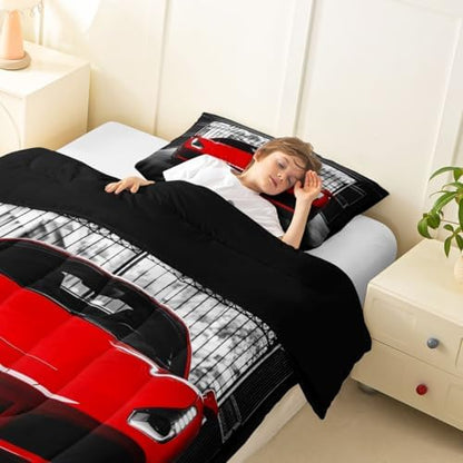 Feelyou Boys Red Race Car Comforter Set Toddler Size Red Luxury Car Bedding Set for Kids Boys Girls Extreme Sports Duvet Quilt Fast and Furious Bedroom Decor 2 Pcs with 1 Pillow Cases