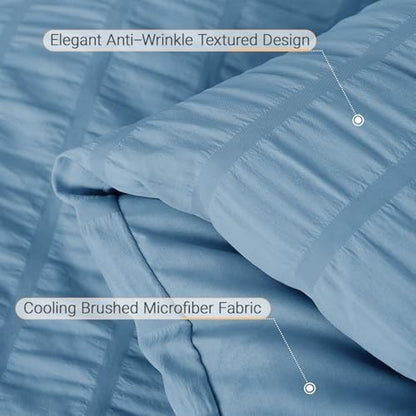 MUXHOMO 7 Pieces Oversized King Comforter Set, Seersucker Bed in a Bag Oversized King Size, All Season Luxury Bedding Set with Comforter, Flat Sheet, Fitted Sheet, Pillowcases & Shams, Mineral Blue