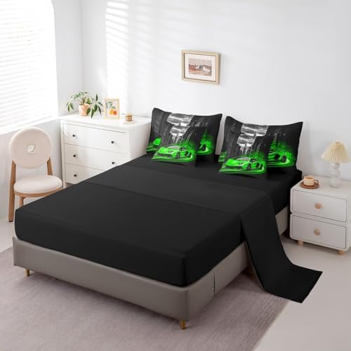 Feelyou Green Race Car Comforter Set with Sheets Twin Size Kids Speed Sports Car 7 Pieces Bedding Set for Boys Girls Teens Racing Car Bed in a Bag Extreme Sports Street Bed Set Gothic Modern City