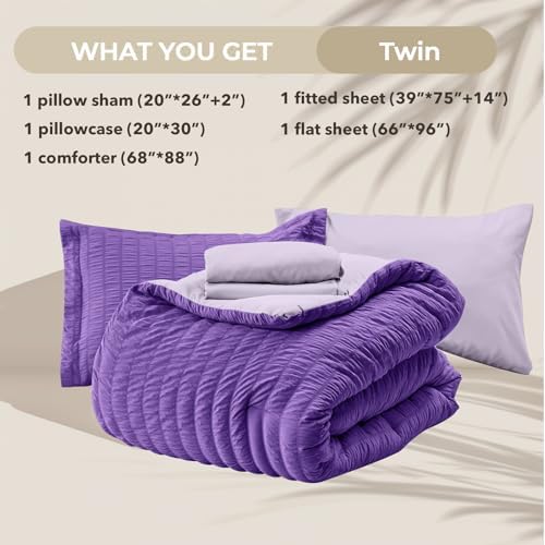 HYMOKEGE Dark Purple/Lavender Twin Comforter Set Seersucker 5 Pieces, All Season Luxury Bed in a Bag for Bedroom, Bedding Set with Comforter, Sheets, Pillowcase & Sham