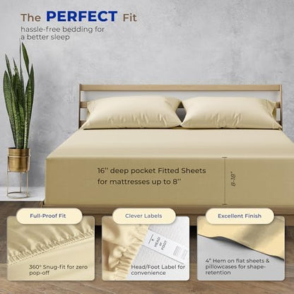 THREAD SPREAD Full Size Bed Sheets, Luxury 1000 Series Paradise Collection 100% Egyptian Cotton Sheets Full Size Set (4 PC, Sand), Silky Soft, Cooling, Sateen, 16" Deep Pocket Hotel Sheet Set