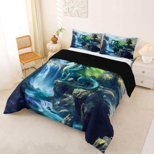 Feelyou Dragon Kids Comforter Set King Size Magical Beast Bedding Set Wild Animal Duvet Quilt for Kids Boys Girls Bedroom Fantasy Animal Decor Jungle Dragon Microfiber Ultra Soft Breathable