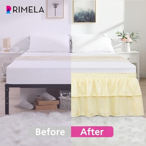 RIMELA Ruffle Bed Skirt Butter Yellow Queen 18 Inch Drop, Elastic Wrap Around Bed Skirting Queen Size, Easy to Install Dust Ruffle, Machine Washable Soft Fabric, Multi Ruffle Bedskirt