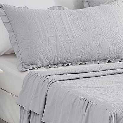 CHIXIN Ruffle Skirt Bedspread Cal King Size - 30" Long Drop, Shabby Chic Style, Lightweight Bedding Cover, 3 Piece Set, Chic Layers, Light Grey