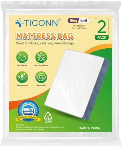 TICONN 2PK Plastic Mattress Bags for Moving, Waterproof Mattress Cover