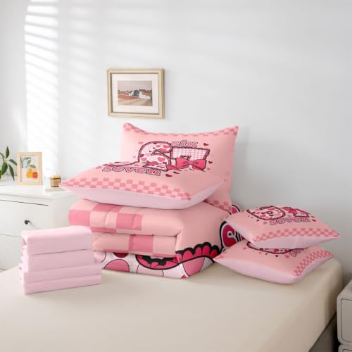 Erosebridal Six Seven Comforter Set Queen Size 7 Piece Pink 67 Number Print Bedding Set Gift for Kids Girls Birthday,Romantic Love Heart Bow Plaid Bed in A Bag with Flat and Fitted Sheet