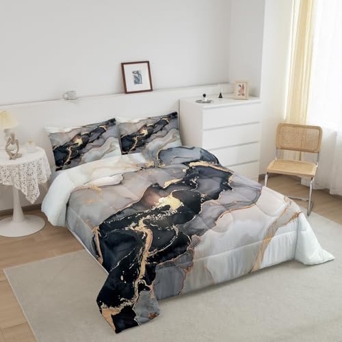 Erosebridal Black Marble Bedding Set Twin,Black and Grey Marble Comforter Set Men Teens Boys Modern Gray Orange Abstract Art Tie Dye Down Comforter Kids Gothic White Gold Marble Duvet Insert Soft