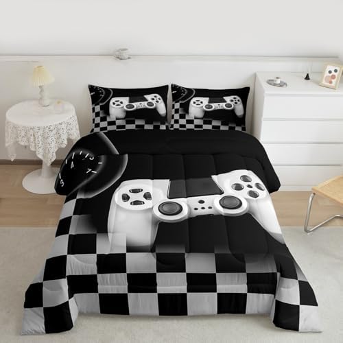 Erosebridal Gamer Comforter Set King,Gaming Bedding Set for Kids Teens,Black and Grey Buffalo Plaid Reversible Duvet Insert,Novelty Gamepad Pattern Down Comforter with 2 Pillow Shams Lightweight