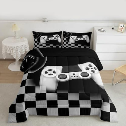 Erosebridal Gamer Comforter Set King,Gaming Bedding Set for Kids Teens,Black and Grey Buffalo Plaid Reversible Duvet Insert,Novelty Gamepad Pattern Down Comforter with 2 Pillow Shams Lightweight
