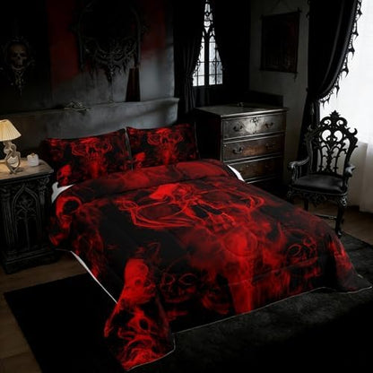 Gothic Skull Bedding Set Red and Black Skeleton Comforter Set Queen For Kids Boys Teen Men,Psychedelic Goth Skull Quilted Duvet Trippy Smoke Halloween Horror Down Comforter Bedroom Decor 2 Pillowcases