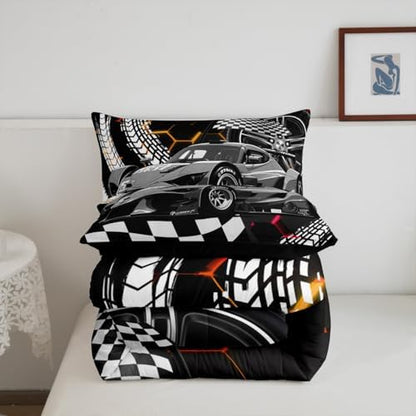 Race Cars Toddler Bedding Sets for Boys,Red Orange Neon Lights Honeycomb Bedding Set Cool Sports Car Beehive Geometric Hexagon Comforter Set for Boys,Black White Lattice Quilt Buffalo Plaid Decor