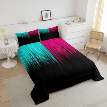 Feelyou Abstract Ombre Comforter Set Queen Size, Kids Teens Teal and Red Girls Bedding Sets Decor Modern Geometric Stripes Quilt Set with 2 Pillow Cases