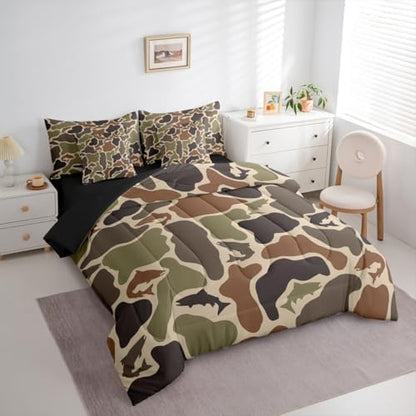 Erosebridal Camo Fish Twin Comforter Set with Sheets 7 Piece Bass Pike Fish Bed in A Bag Fishing Hunting Camouflage Bedding Sets for Kids Boys Girls Army Military Hunter Bed Set