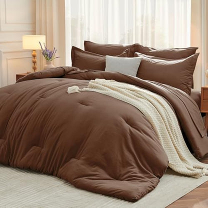 MUXHOMO 7 Pieces Oversized King Comforter Set, Soft Bed in a Bag Oversized King Size, All Season Bedding Set with Comforter, Flat Sheet, Fitted Sheet, Pillowcases & Shams, Brown