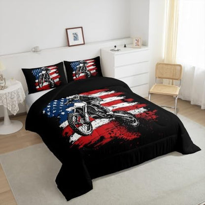 Erosebridal Motorcycle King Size Comforter Set for Kids Teens Adults,American Flag Bedding Set,Extreme Sports Duvet Insert,Motorcross Rider Bed Set for All Season