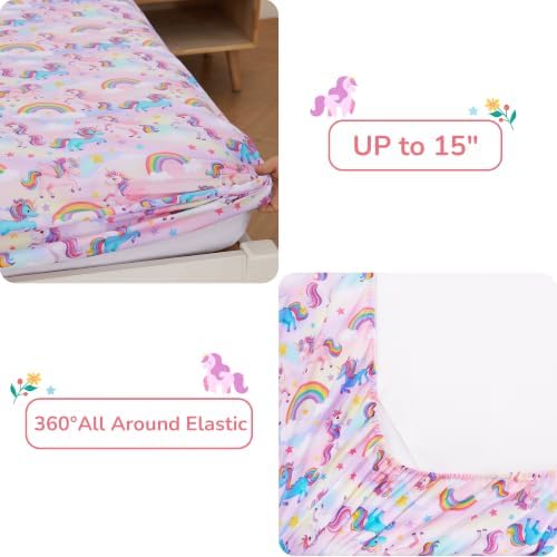 Viviland Kids Bedding Set Full Size Comforter Sets, Bed in Flower Unicorn Cover Set for Children