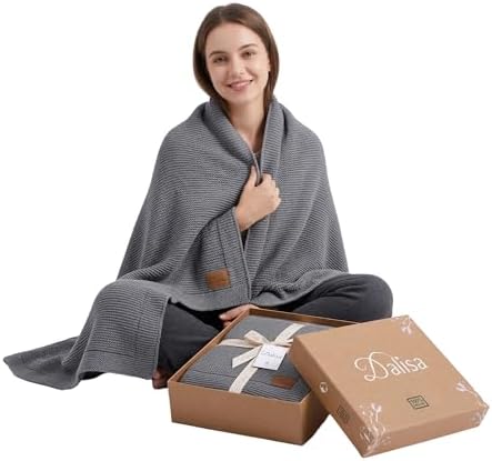 Dalisa 100% Organic Turkish Cotton Throw Blanket - GOTS Certified, Cozy - Perfect for Couch, Bed, and Home Decor - Boho Vintage Knit Alina (Dark Grey, 50x60)