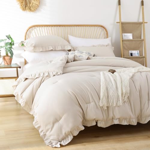 JANZAA Beige Comforter Set California King, Ruffle Soft Bedding