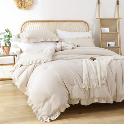 JANZAA Beige Comforter Set California King, Ruffle Soft Bedding