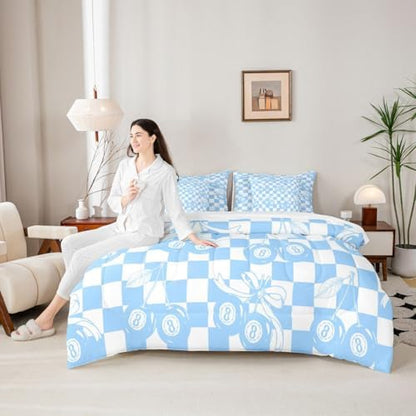 Erosebridal Y2K Trendy Lucky 8 Ball 7 Piece Comforter Set King Blue Cherry Bow Bedding Set for Kids Boys Girls Preppy Room Decor,Girly Fashion Y2K Bed in A Bag Geometric Checkerboard Plaid Bed Set