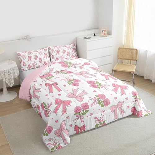 Castle Fairy Pink Bow Twin Size Comforter Set,Romantic Pink Roses Duvet Set Soft Bed Collection,Dreamy Girly Style Bedding Comforter for Boys Girls Bedroom,2 Pcs