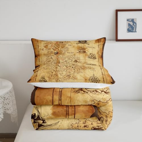 Castle Fairy Nautical Map Bedding Set King Size,Pirate Boat Compass Comforter Set 3Pcs,Kids Boys Teens Adult Bedroom Decor Ocean Adventure Quilt Set Vintage Brown Duvet Insert with 2 Pillowcases