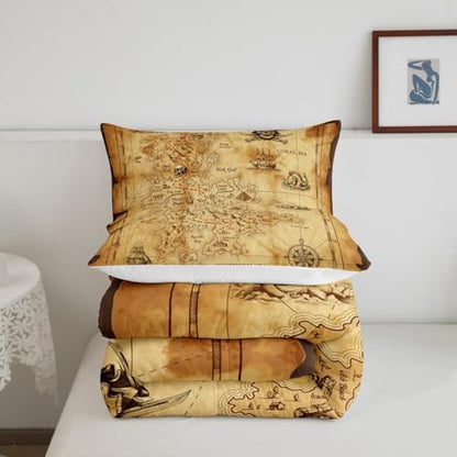 Nautical Map Comforter Set Full Size,Pirate Boat Compass Bedding Set 3Pcs,Kids Boys Teens Adult Bedroom Decor Ocean Adventure Quilt Set Vintage Brown Duvet Insert with 2 Pillowcases