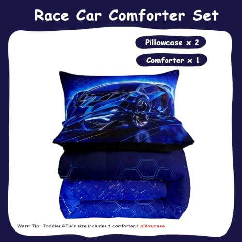 Feelyou Kids Toddler Size Blue Sports Car Comforter Set Car Race Comforter Extreme Sports Theme Quilt Set Luxury Decor Cool Speed Quilt Soft for All Seasons