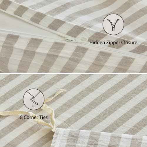 Striped Duvet Cover Set King Size 3 Pcs 100% Washed Cotton Linen Like Textured Natural Wrinkle Comfy Breathable (King, Classic Stripe-Linen Grey/White)