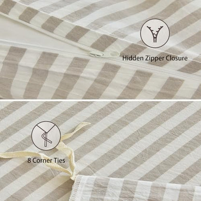 Striped Duvet Cover Set King Size 3 Pcs 100% Washed Cotton Linen Like Textured Natural Wrinkle Comfy Breathable (King, Classic Stripe-Linen Grey/White)