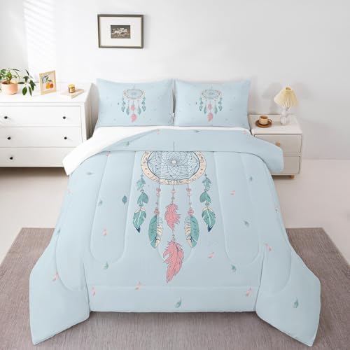 Homewish Teens Dreamcatcher Comforter Set Queen Size,Blue Pink Feather Bedding Set for Kids Boys Girls Bedroom Decoration,Bohemian Style Bed Duvet Insert,Tribe Exotic Comforter with 2 Pillowcases