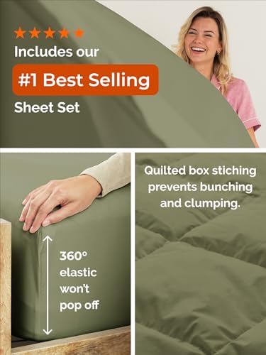 Queen Comforter Set - Sage Green Bedding for All Seasons - 3 Piece Bed Set
