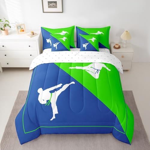 Castle Fairy Teens Adult Taekwondo Comforter Set King Size 7 Pcs Blue Green Bedding Set with Comforter,Sheet Set,Pillowcase and Sham Japanese Style Bed Set Kungfu Bedding for Room Decorative