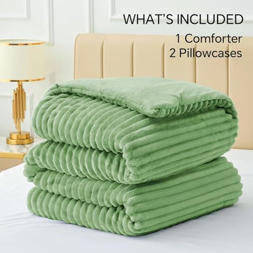 BEDELITE Fleece Full Comforter Set, Fluffy Bed Set, Green