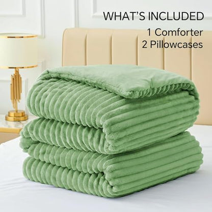 BEDELITE Fleece Full Comforter Set, Fluffy Bed Set, Green