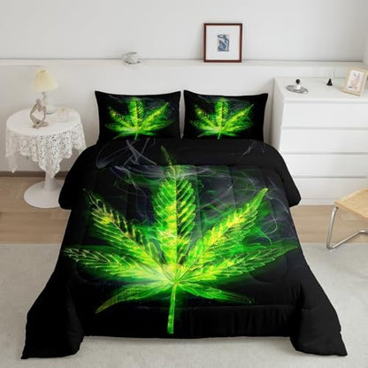 Erosebridal Boho Plant Comforter Set Twin Size, Adult Bohemia Leaves Bedding Set, Exotic Leaves Rustic Down Comforter for Kids Teens Women, Maple Leaf Quilted Duvet Bedroom Decor, Green Black