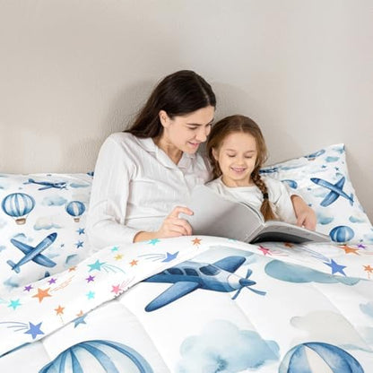 Erosebridal Cartoon Aircraft Queen Comforter Set for Boys, Dreamy Hot Air Balloon Bedding Set, Blue White Clouds Comforter for Kids Teens Girls Adults Bedroom, Airplane Star Print Quilt